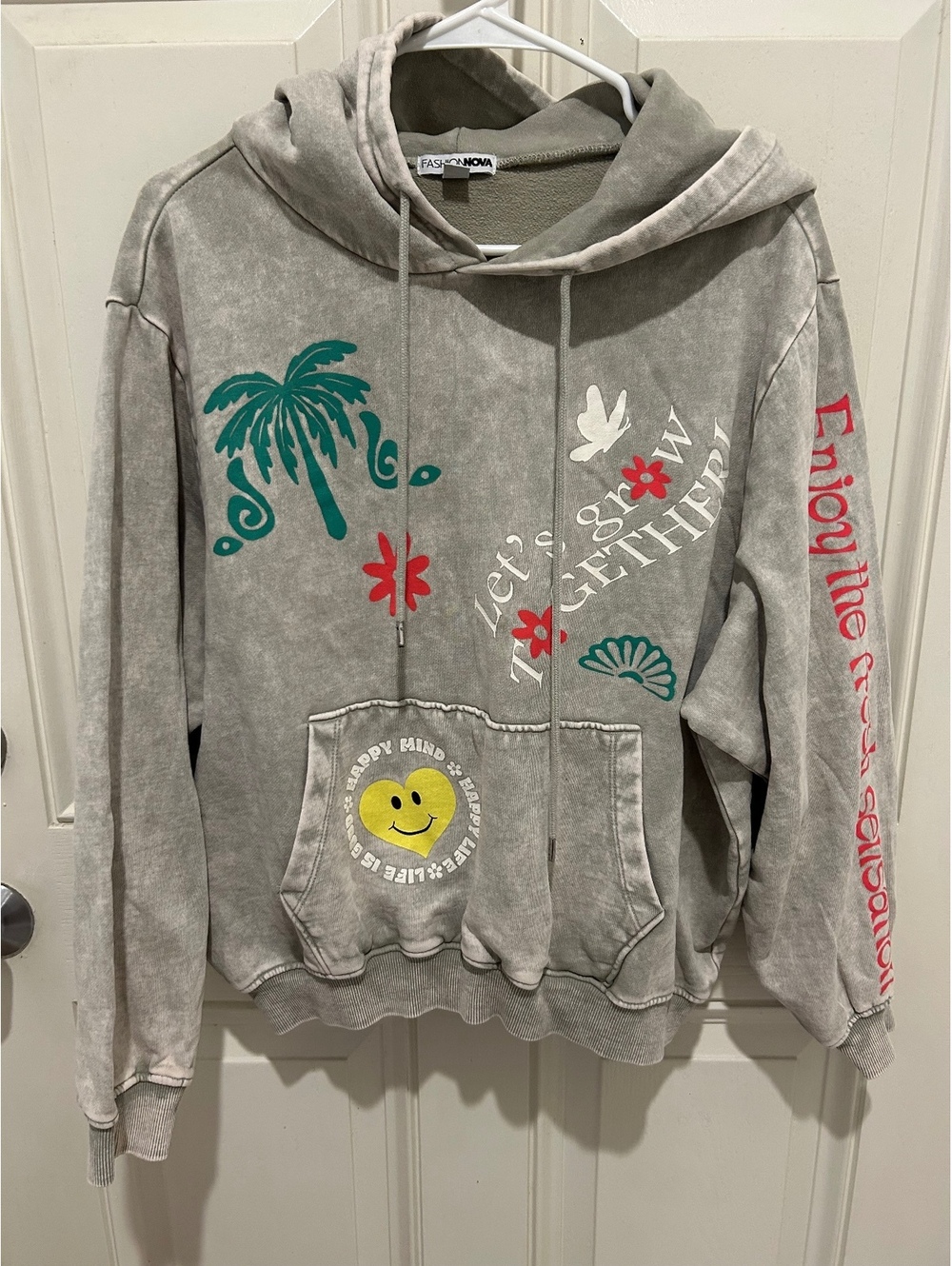 Fashion Nova Gray Graphic Pullover Hoodie with Palm Tree and Smile Print